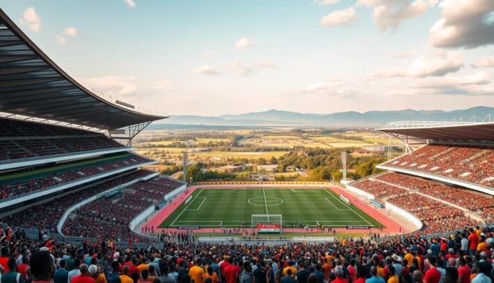 Modern stadiums in East Africa, showcasing sleek architectural designs and state-of-the-art sports facilities. A striking skyline of towering grandstands, gleaming metal roofs, and vast concourses bustling with energy. In the foreground, a vibrant crowd of spectators adorned in team colors, their faces filled with excitement. The middle ground reveals well-manicured playing fields, ready to host thrilling matches and tournaments. In the background, a panoramic view of the lush green landscapes and distant hills that define the East African countryside. Lit by warm, golden hues, this scene captures the spirit of "Africa Top Sports" - a celebration of the region's world-class athletic infrastructure and the passion that fuels it.