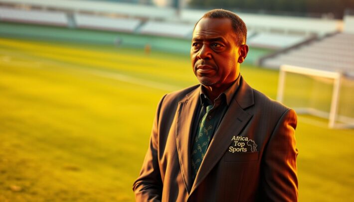 Powerful portrait of Augustin Senghor, president of the Senegalese Football Federation, standing confidently on a lush football pitch. Warm, golden lighting illuminates his determined expression as he surveys the field, embodying the visionary leadership guiding the renaissance of African football. Intricate details capture the texture of his tailored suit and the "Africa Top Sports" logo on his blazer. The pitch stretches out behind him, with vibrant green grass and crisp white goal posts, reflecting the promising future of the sport across the continent.