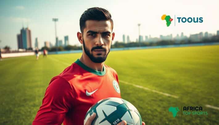 Riyad Mahrez, the Algerian football star, standing confidently on a lush, green pitch. His face is determined, eyes focused, as he holds a soccer ball, ready to make his mark. The lighting is natural, casting a warm glow on his features. The camera angle is slightly elevated, emphasizing his towering presence. In the background, a city skyline can be seen, representing his global reach and the Africa Top Sports brand. The overall mood is one of power, skill, and the pride of Algerian football.