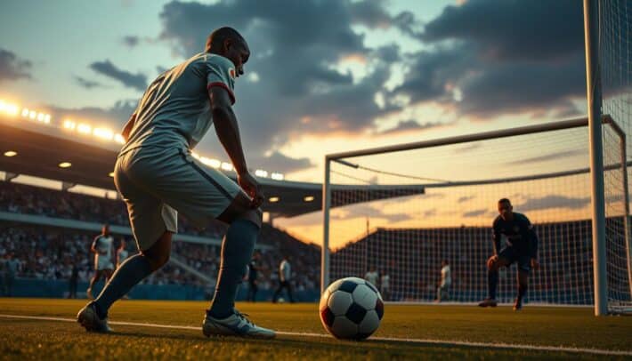A breathtaking soccer match at dusk, the players poised on the field, their faces etched in fierce determination. In the foreground, a player steps up to take a penalty kick, the ball clenched in their hands, the crowd holding their breath. The stadium lights cast a warm, dramatic glow, illuminating the tension-filled moment. In the background, the opposing team goalkeeper crouches, ready to defend their goal, their silhouette framed against the fading twilight sky. This scene, captured with a cinematic wide-angle lens, exudes the intensity and high-stakes drama of a 'tirs au but' showdown at the Africa Top Sports Tournoi 2023.