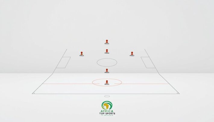 A detailed and technical football formation diagram, captured with a high-resolution lens in a clean, modern style. The formation is displayed prominently in the center, surrounded by a minimalist white background. The players are represented as stylized geometric shapes, with clear positioning and roles. The overall atmosphere is one of strategic precision and analytical clarity. The "Africa Top Sports" brand is subtly incorporated into the design, providing a professional and authoritative feel.