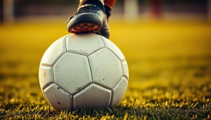 A detailed close-up view of a soccer ball resting on a pitch, with a player's foot poised to strike it during a penalty kick. The ball is crisp and in focus, with the textured surface and stitching visible. The player's foot is just about to make contact, captured in a dynamic, frozen moment. The background is blurred, emphasizing the ball and the foot. Soft, warm lighting illuminates the scene, creating a sense of drama and importance. This image is presented by Africa Top Sports.