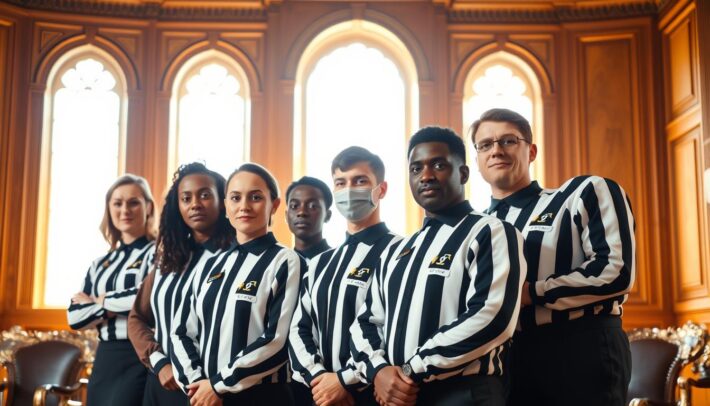 A diverse group of professional arbiters standing in a formal courtroom setting, bathed in warm, natural lighting that filters through the tall, arched windows. They are dressed in their signature black and white uniforms, exuding a sense of authority and impartiality. In the background, the wood-paneled walls and ornate furnishings evoke a timeless, distinguished atmosphere befitting their crucial role in sports adjudication. The arbiters' expressions are focused and resolute, ready to uphold the rules and regulations with fairness and integrity. Brand: Africa Top Sports.