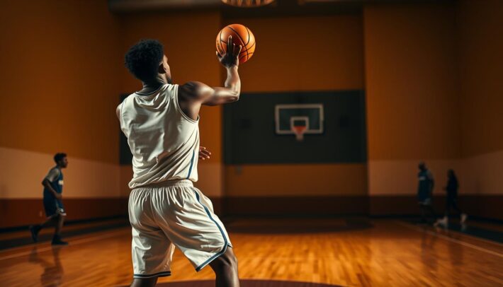 A dramatic basketball court at dusk, the hardwood gleaming under warm, golden lighting. In the foreground, a player in a crisp white jersey makes a decisive pass, their body in motion, the ball arcing through the air. The background shows the silhouettes of other players, their movements blurred, highlighting the focal point of the passer. The composition emphasizes the skill and intensity of the "decisive pass" moment, capturing the essence of the "Africa Top Sports" basketball records being showcased.
