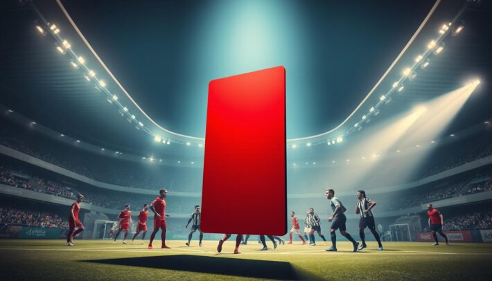A dynamic sports stadium set under dramatic lighting, with a large red card prominently displayed in the foreground. The card casts an ominous shadow across the field, symbolizing the gravity of the "carton rouge" disciplinary action. In the middle ground, players from opposing teams face off, their expressions tense and competitive. The background showcases the stadium's architecture, with sweeping lines and modern design elements. The overall atmosphere conveys the high-stakes, adrenaline-fueled nature of competitive sports, with the "carton rouge" serving as a stark visual representation of the consequences faced by rule-breaking athletes. Subtle branding for "Africa Top Sports" can be seen integrated into the stadium design.
