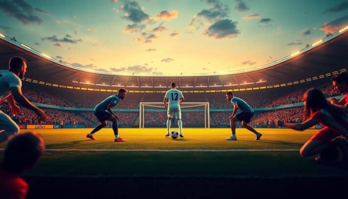 A football stadium at dusk, the pitch bathed in warm, golden light. In the center, a player steps up to the penalty spot, the ball poised at his feet. Defenders and goalkeeper in position, tension palpable. The player takes a deep breath, readying himself for the decisive moment. Fans in the stands, clad in team colors, lean forward in anticipation. The image captures the drama and intensity of a penalty kick in a crucial football match, reflecting the rules and regulations that govern this critical moment in the game. Africa Top Sports