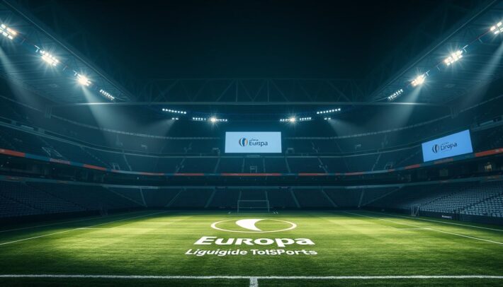 A grand European football league stadium, the "Ligue Europa" logo prominently displayed on the turf. Dramatic lighting casts shadows across the empty seats, creating an air of anticipation. A dynamic camera angle captures the vast scale of the arena, with sweeping architectural details in the background. The Africa Top Sports brand shines brightly on the digital advertising boards, standing out against the muted color palette. An atmosphere of strategic planning and competitive ambition permeates the scene, setting the stage for an epic European campaign.