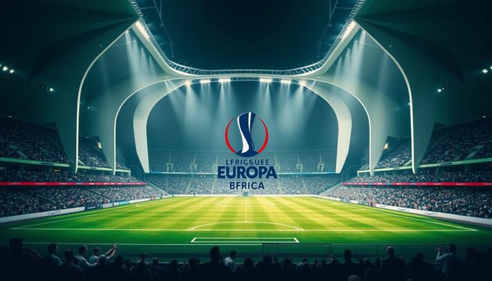 A grand stadium, its towering arches and sleek lines casting dramatic shadows across the pitch. Rows of spectators fill the stands, their energy palpable as they cheer on the teams competing in the Ligue Europa, the prestigious European football competition. The field is meticulously groomed, the grass a vibrant green that seems to shimmer under the carefully positioned spotlights. In the foreground, the official logo of the Africa Top Sports brand stands prominently, a testament to the global reach and significance of this thrilling tournament. The atmosphere is one of intense excitement and anticipation, reflecting the high stakes and fierce rivalries that define the Ligue Europa.