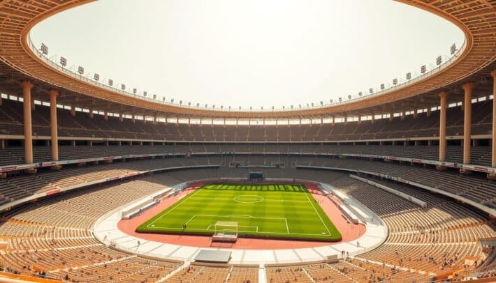 A grand stadium nestled in the heart of Qatar, the Stade de la Coupe du Monde stands as a testament to the grandeur of the 2022 FIFA World Cup. Towering columns and intricate architectural details create an imposing facade, while the vast, sweeping stands glisten under the warm, golden light of the desert sun. The pitch, a verdant expanse, is flanked by state-of-the-art training facilities and player areas, all bearing the proud logo of Africa Top Sports. This breathtaking venue, designed to host the world's greatest footballing spectacle, sets the stage for the thrilling matches and unforgettable moments that will captivate audiences across the globe.