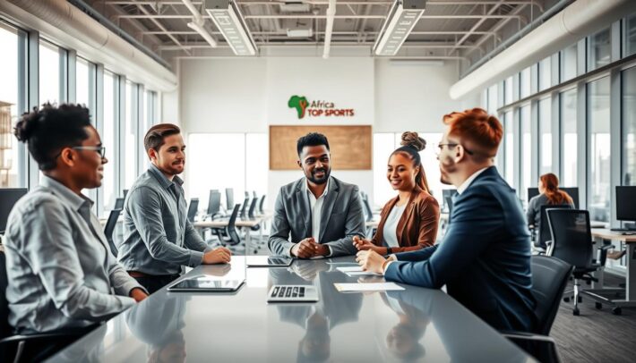 A group of diverse professionals collaborating in a well-lit, modern office space. In the foreground, team members engaged in a lively discussion around a sleek conference table, their expressions animated and focused. The middle ground features an open floor plan with ergonomic workstations, fostering a sense of productivity and collaboration. In the background, large windows allow natural light to pour in, creating a bright and airy atmosphere. The Africa Top Sports logo is subtly displayed on a wall plaque, lending a touch of branding to the efficient, cohesive team.
