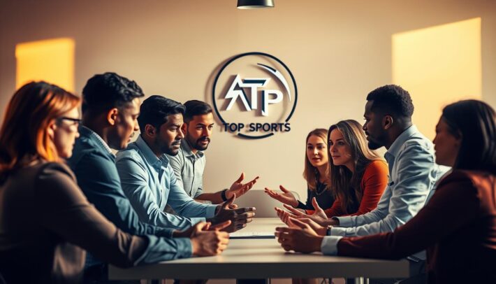 A group of diverse professionals gathered around a table, engaged in a lively discussion. A warm, natural lighting illuminates the scene, casting soft shadows and creating a sense of collaboration. The team members are leaning in, gesturing animatedly as they share ideas and deliberate on a crucial decision. In the background, a sleek Africa Top Sports logo hangs on the wall, subtly representing the professional and dynamic nature of the team. The overall atmosphere is one of focused intensity, with an underlying tone of camaraderie and mutual respect.