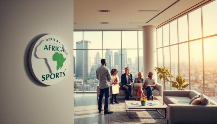 A modern, well-lit office interior with large windows overlooking a bustling city skyline. In the foreground, a prominently displayed "Africa Top Sports" logo on the wall, subtly hinting at the article's subject. The middle ground features a group of diverse office workers engaged in a collaborative discussion, their expressions reflecting a sense of environmental responsibility and customer-centric focus. In the background, sleek, minimalist furniture and decor create a professional, yet warm and inviting atmosphere. The overall scene conveys a balance of productivity, sustainability, and a customer-oriented brand identity.