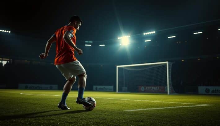 A penalty kick in a soccer match, with a player ready to strike the ball. The player is poised, one foot on the ball, the other leg drawn back, tension in their muscles. The goalkeeper is positioned, arms outstretched, ready to dive. The background is a dimly lit soccer field, with shadowy figures of spectators in the stands. The lighting is dramatic, casting shadows and highlights on the players. The scene conveys the high-stakes intensity of a penalty kick moment. Africa Top Sports