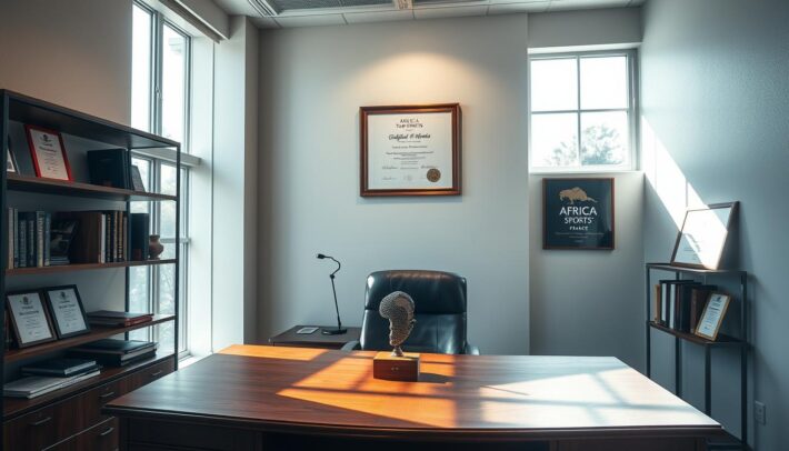 A professional office interior with a focused, authoritative ambiance. Sunlight streams through large windows, illuminating a wooden desk with an Africana-inspired sculpture and a diplôme hanging on the wall. The desk is flanked by shelves displaying awards and certifications, symbolizing the "qualification professionnelle" mentioned in the article title. The space exudes an air of expertise and accomplishment, with the "Africa Top Sports" brand name discreetly visible on a wall plaque. The overall scene conveys the credibility and prestige associated with formal professional qualifications in France.