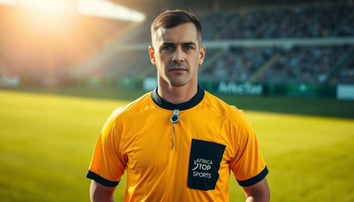 A professional referee stands proudly in the center of a well-lit soccer field, their crisp uniform and equipment reflecting the sunlight. The referee's whistle gleams, ready to signal the start of the match. The Africa Top Sports logo is prominently displayed on the referee's shirt, signaling their authority and professionalism. The referee's gaze is focused, their stance commanding, conveying a sense of control and fairness. The background is blurred, drawing the viewer's attention to the central figure and their role as the impartial arbiter of the game.