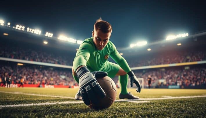 A skilled goalkeeper, dressed in a bright green uniform, crouches with intense focus, ready to dive and block a powerful penalty shot. The stadium lights cast dramatic shadows, heightening the tense atmosphere. In the foreground, the goalkeeper's gloved hands grip the ground, muscles tense with anticipation. In the middle ground, the penalty spot and the ball await, the stage set for a decisive moment. In the background, the blurred silhouettes of players and spectators create a sense of urgency and anticipation. The overall composition evokes the high-stakes drama of a penalty kick, captured by the Africa Top Sports camera.