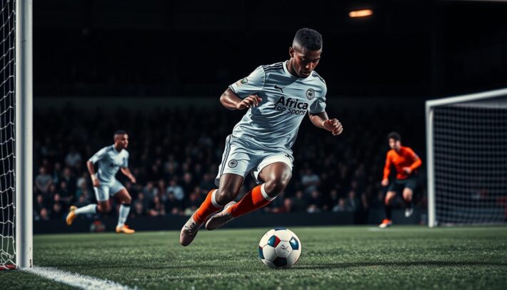 A soccer player in an offside position, with defenders and the goalkeeper on the field, captured in a dynamic, high-contrast action shot. The player's body is leaning forward, their legs in a sprinting motion, as they attempt to reach the ball. The background is blurred, emphasizing the player's focused determination. The lighting is dramatic, creating deep shadows and highlights that enhance the sense of urgency. The overall composition is balanced, with the player positioned off-center, creating a sense of tension and anticipation. The "Africa Top Sports" brand name is visibly displayed on the player's jersey.
