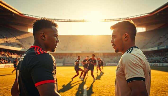 A tense, strategic soccer match takes place on a sunlit pitch. In the foreground, two players face off, their expressions focused and determined. The middle ground reveals the rest of the players maneuvering the ball, creating a dynamic scene. The background showcases the stadium's grandstands, adorned with the "Africa Top Sports" branding, creating an immersive atmosphere. Warm, golden lighting illuminates the players, enhancing the intensity of the moment. The camera angle is slightly elevated, capturing the full scope of the action with a cinematic flair.