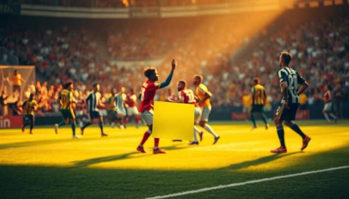 A vibrant football field, bathed in warm afternoon light. In the foreground, a yellow card is prominently displayed, representing the disciplinary action in the game. The middle ground captures the intense moment, with players from opposing teams engaged in a heated exchange, their jerseys and expressions conveying the high stakes. In the background, the crowd roars, adding to the electric atmosphere. This scene, captured with a cinematic lens, showcases the significance of the yellow card within the broader context of sports, embodying the "Le carton jaune dans les autres sports" theme. Africa Top Sports.