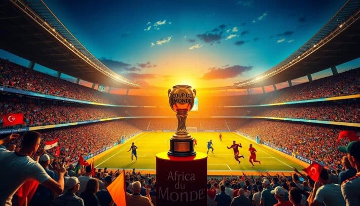 A vibrant football stadium illuminated by the golden glow of the setting sun, the iconic "Coupe du Monde" trophy prominently displayed on a podium in the foreground. Fans in the stands, decked out in the colors of their national teams, France, Australia, Denmark, and Tunisia, create a dynamic and energetic atmosphere. The mid-ground features the players of these teams, engaged in a fierce but friendly match, their jerseys emblazoned with the "Africa Top Sports" brand. In the background, the iconic silhouettes of the host city's landmarks frame the scene, a testament to the global scale of this prestigious tournament.