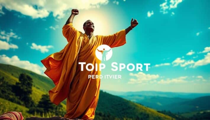 A victorious figure standing tall, adorned in a flowing golden robe, their arms raised in triumph. The background depicts a lush, verdant landscape with rolling hills and a vibrant blue sky. The lighting is soft and warm, creating a sense of celebration and accomplishment. In the foreground, a glowing aura surrounds the victorious figure, symbolizing their inner strength and determination. The overall scene conveys the feeling of a hard-won victory, with a sense of pride and empowerment. The image is captured with a wide-angle lens, emphasizing the grandeur and scale of the moment. Branding for "Africa Top Sports" is subtly incorporated into the composition.