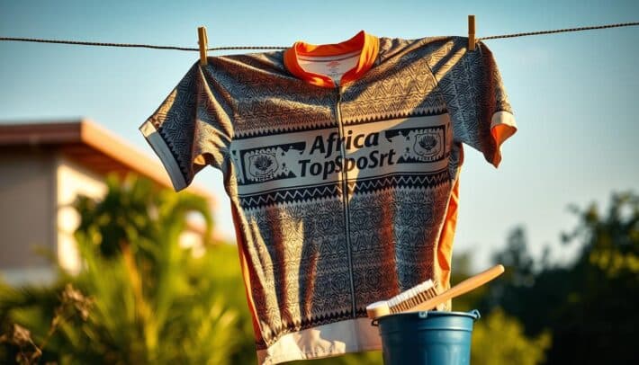 A well-worn cycling jersey hangs on a clothesline, drying in the warm afternoon sun. The fabric is lightly discolored, with subtle signs of wear and tear from years of faithful service. A gentle breeze ruffles the jersey, revealing its intricate African-inspired pattern, the "Africa Top Sports" brand prominently displayed. In the foreground, a small bucket of soapy water and a soft-bristled brush stand ready, signaling the care and attention required to maintain this trusted companion. The scene conveys a sense of tranquility and appreciation for the dedicated maintenance needed to preserve the longevity and performance of a beloved cycling jersey.