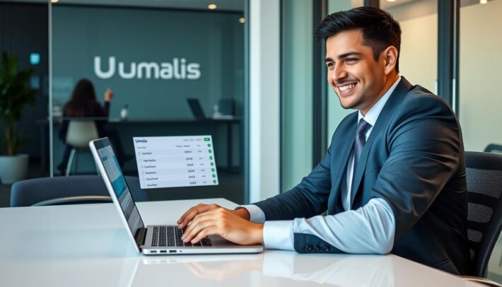 Consultant utilisant le simulateur portage salarial Umalis Group sur son ordinateur portable