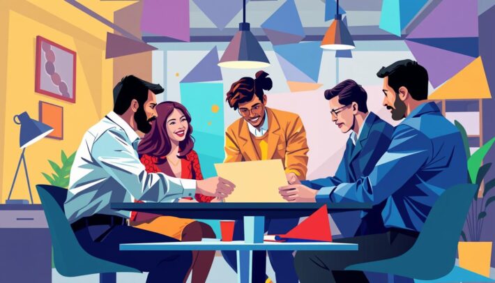 Créer une image représentant une équipe soudée dans un environnement de travail collaboratif