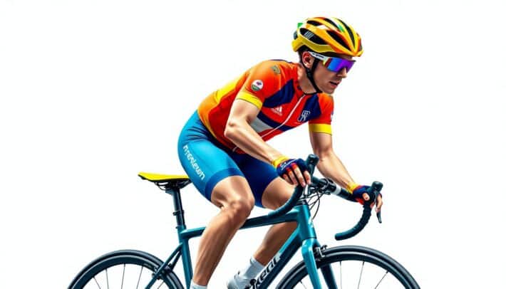 Générez une image d'un cycliste avec un maillot et des accessoires assortis.
