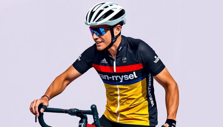 Générez une image d'un cycliste débutant portant un maillot Van Rysel entrée de gamme