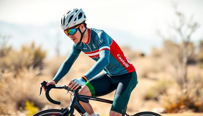 Générez une image d'un cycliste portant un maillot Castelli haut de gamme