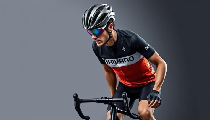 Générez une image d'un cycliste portant un maillot Shimano milieu de gamme