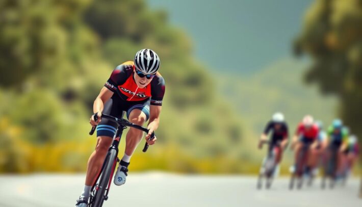 Générez une image d'un cycliste portant un maillot aérodynamique lors d'une compétition
