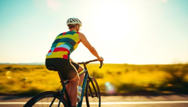 Image d'un cycliste portant un maillot léger et coloré lors d'une sortie ensoleillée