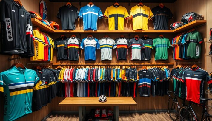 Image d'une boutique de cyclisme en France proposant divers maillots de cyclisme