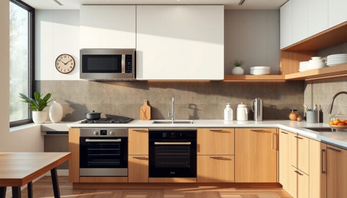 Image d'une cuisine équipée moderne avec électroménager intégré