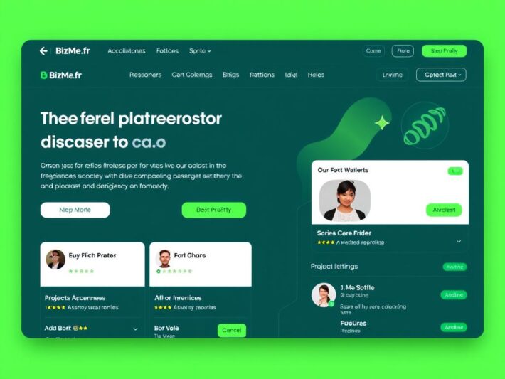 Interface de la plateforme BizMe.fr avec ses fonctionnalités d'IA pour les freelances Interface de la plateforme BizMe.fr avec ses fonctionnalités d'IA pour les freelances