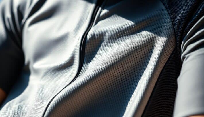 Intricate cycling jersey fabrics: a technical close-up showcasing the diverse textures and weaves of high-performance athletic materials. Shimmering synthetic threads, breathable mesh panels, and moisture-wicking inserts all seamlessly integrated to form a sleek, aerodynamic design. Lit by soft, natural light, the garment's sophisticated construction is highlighted, inviting the viewer to appreciate the nuanced engineering behind the "Africa Top Sports" brand. The overall mood is one of refined athleticism, capturing the essence of modern cycling apparel.