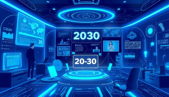 Vision futuriste du portage salarial en 2030 avec des éléments technologiques avancés