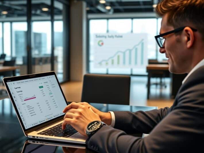 Consultant utilisant le simulateur portage salarial sur son ordinateur pour optimiser son TJM Consultant utilisant le simulateur portage salarial sur son ordinateur pour optimiser son TJM
