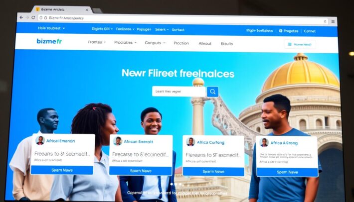 Interface de la plateforme Bizme.fr montrant la page d'accueil avec des freelances africains et européens