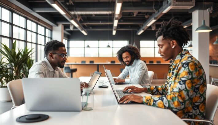 Jeunes professionnels africains travaillant sur des ordinateurs dans un espace de coworking moderne à Dakar Jeunes professionnels africains travaillant sur des ordinateurs dans un espace de coworking moderne à Dakar
