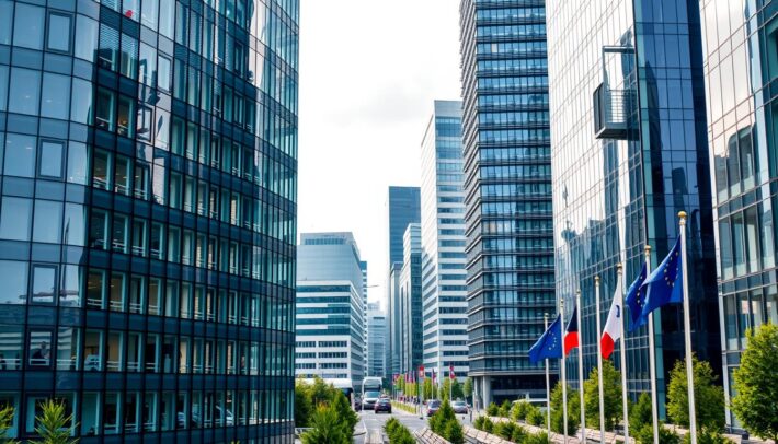 Vue d'un quartier d'affaires français moderne avec des entreprises technologiques Vue d'un quartier d'affaires français moderne avec des entreprises technologiques