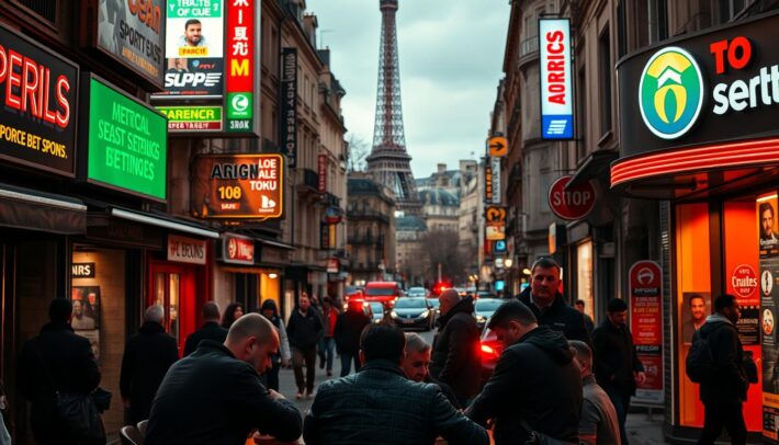 A bustling street in the heart of Paris, with neon-lit signs advertising various sports betting shops. In the foreground, a group of men huddled around a table, deep in discussion, their faces shadowed by the dim lighting. The middle ground features a mix of pedestrians and vehicles, creating a sense of urban chaos. In the background, the iconic landmarks of the city - the Eiffel Tower, Notre-Dame Cathedral - stand as a backdrop, hinting at the high-stakes world of Parisian sports betting. The overall tone is one of tension and potential pitfalls, emphasizing the need for caution and wise decision-making. Africa Top Sports logo prominently displayed on a nearby storefront.
