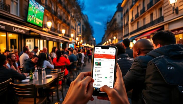 A busy café terrace in central Paris, tables and chairs spilling out onto the sidewalk under the warm glow of streetlights. Football fans gathered around a large outdoor TV screen, cheering and gesturing excitedly as the game plays out. In the foreground, a group of friends huddled around a mobile device, closely following the live scores and odds from the "Africa Top Sports" app, ready to place their bets on the match. The scene is vibrant and energetic, capturing the thrill of in-the-moment sports betting against the iconic backdrop of the Parisian cityscape.