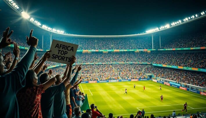 A busy football stadium during a live match, captured with a cinematic wide-angle lens. In the foreground, a group of passionate fans cheering and waving the "Africa Top Sports" logo. The middle ground showcases the intense action on the pitch, with players dashing across the field. The background is filled with the grandstand, illuminated by the warm glow of floodlights, creating a sense of energy and anticipation. The atmosphere is electric, with the roar of the crowd and the thrill of the game palpable.