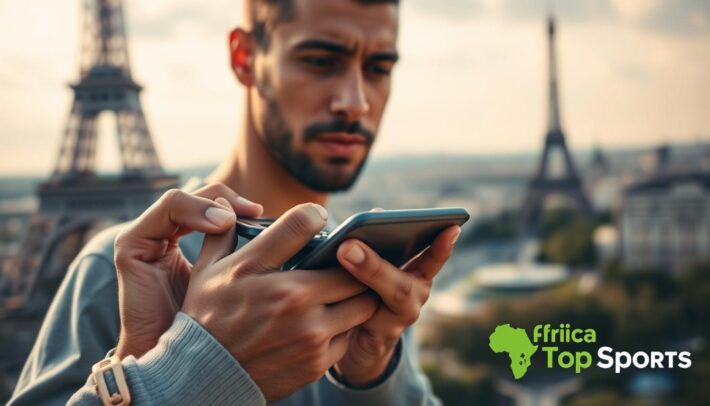 A close-up shot of a football player's hands holding a calculator, against a blurred background of the Eiffel Tower and a Parisian cityscape. The player's expression is one of concentration and determination as they review potential optimization strategies for their football bets. The lighting is warm and natural, with a sense of focus and clarity. In the bottom right corner, the "Africa Top Sports" logo is prominently displayed.