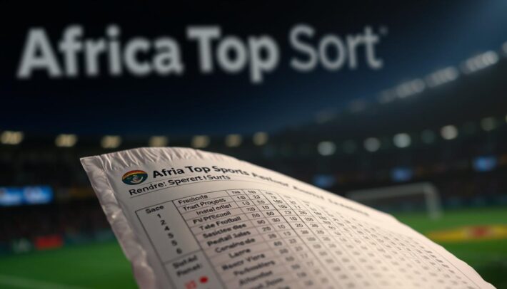 A close-up shot of a sports betting slip or ticket, showcasing various football match predictions and odds, against a blurred background featuring the "Africa Top Sports" brand name. The lighting is soft and natural, highlighting the intricate details of the betting slip. The composition places the slip in the foreground, with a subtle, out-of-focus sports stadium or arena visible in the background, conveying the atmosphere of professional sports analysis and betting. The overall mood is one of anticipation and financial opportunity, alluding to the "Profiter du bonus et des conseils des bookmakers" section of the article.