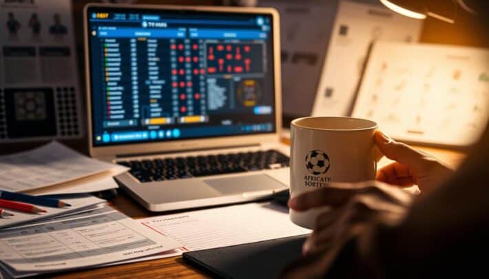 A close-up view of a football analyst's desk, featuring a laptop displaying football match statistics and analysis, surrounded by reference materials such as team rosters, tactics boards, and notes. In the foreground, a pair of hands gesturing over the desk, with the "Africa Top Sports" logo prominently displayed on a mug or mousepad. The lighting is a warm, focused glow, creating a contemplative atmosphere as the analyst delves into the complexities of Champions League pronostics.