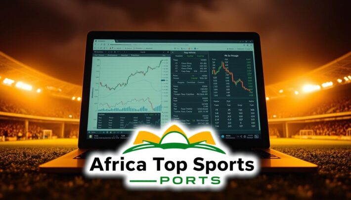 A data-driven football betting analysis featuring a laptop displaying financial charts and statistics, set against a backdrop of a football stadium and stadium lights. The scene is illuminated by a warm, golden hue, creating a contemplative and strategic atmosphere. In the foreground, the "Africa Top Sports" brand is prominently displayed, emphasizing the authoritative nature of the analysis. The overall composition conveys a sense of informed decision-making and the potential for lucrative sports betting opportunities.
